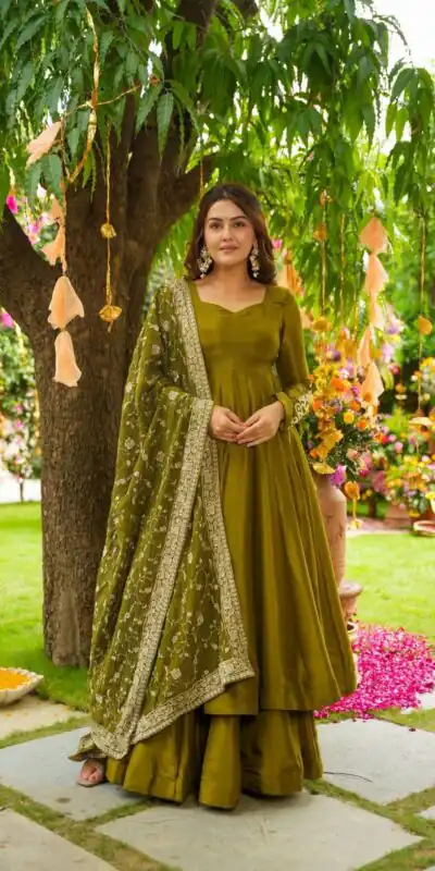 ZSR 3140 Mehandi German Chiffon With Embroidery Sequence Work With Fully Flair Gown. Wedding, Party, Festive, Events Exclusive Offer ₹2049. Deli | Bollywood Gowns, Creative Gowns, Designer Gowns, Embroidered Gowns, Gowns, Party Wear Gowns