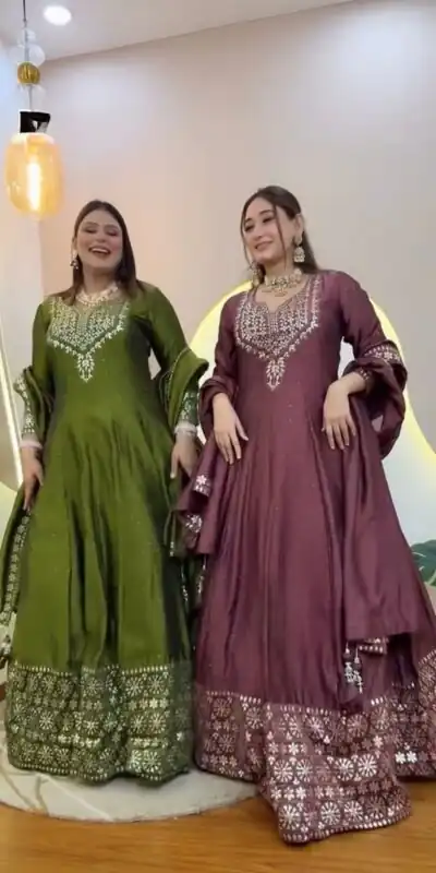 NSR 872 Mehandi Roman Simmer Silk With Fency Neck And Fecny Sleeve Gown with Embroidery Work & Lace Work. Available at ₹2449 only. Delivery 4-6 Wor | Bollywood Gowns, Creative Gowns, Designer Gowns, Embroidered Gowns, Gowns, Party Wear Gowns