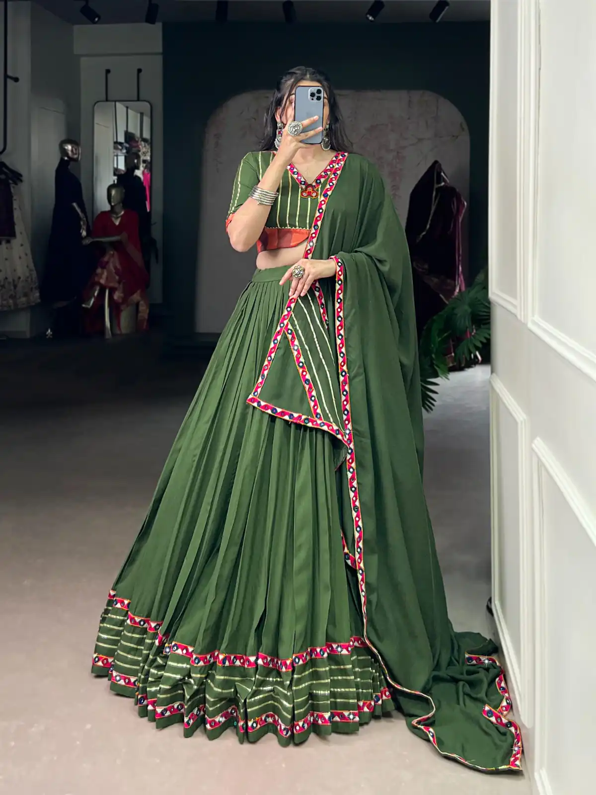 LNB 1659 Mehendi Color Pure Rayon With Mirror Work & Gamthi Work. Lehenga Choli Price ₹4199.Introductory Delivery 4-6 Working Days. Shop now. | Creative Lehenga, Bollywood Lehenga, Designer Lehenga, Embroidered Lehenga, Lehenga, Party Wear Lehenga