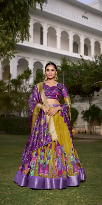 LNB 1231 Mustard Dola Silk Jacquard Silk Kalamkari Print & Zari Work Lehenga Choli in Best Price ₹1899. Delivery 4-6 Working Days. Shop now. | Bollywood Lehenga, Creative Lehenga, Designer Lehenga, Embroidered Lehenga, Lehenga, Party Wear Lehenga