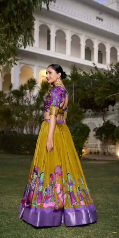 LNB 1231 Mustard Dola Silk Jacquard Silk Kalamkari Print & Zari Work Lehenga Choli in Best Price ₹1899. Delivery 4-6 Working Days. Shop now. | Bollywood Lehenga, Creative Lehenga, Designer Lehenga, Embroidered Lehenga, Lehenga, Party Wear Lehenga