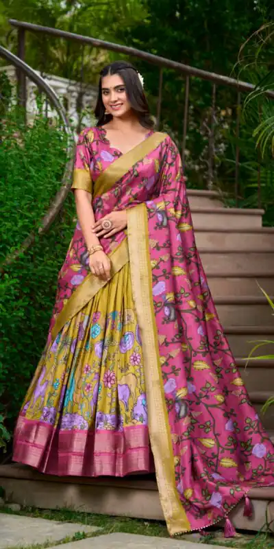 LNB 1222 Mustard Dola Silk With Kalamkari Print & Zari Work Lehenga Choli . Grab it for ₹1899. Delivery 4-6 Working Days. Shop now. | Creative Lehenga, Bollywood Lehenga, Designer Lehenga, Embroidered Lehenga, Lehenga, Party Wear Lehenga