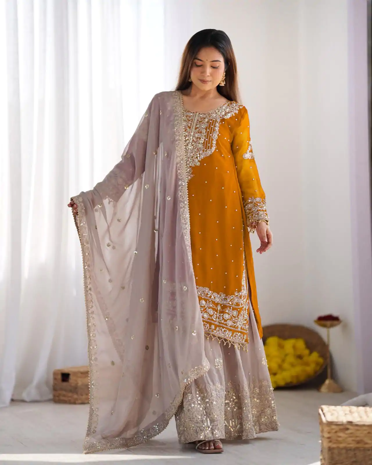 SR 1676 Mustard Heavy Faux Georgette With Heavy Embroidery Perfect for Wedding, Party, Ethnic Day, Reception, Diwali 4-6 Working Days At 2049/- Only | Casual Suits, Jump Suits, Creative suits, Designer Suits, Palazzo Suits, Party Wear Suits, Patiala Suits, Salwar suit, Straight Suits