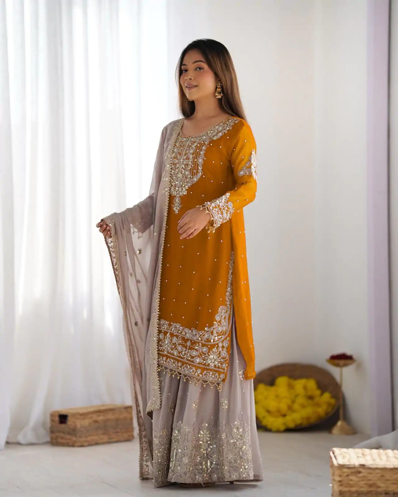 SR 1676 Mustard Heavy Faux Georgette With Heavy Embroidery Perfect for Wedding, Party, Ethnic Day, Reception, Diwali 4-6 Working Days At 2049/- Only | Casual Suits, Jump Suits, Creative suits, Designer Suits, Palazzo Suits, Party Wear Suits, Patiala Suits, Salwar suit, Straight Suits