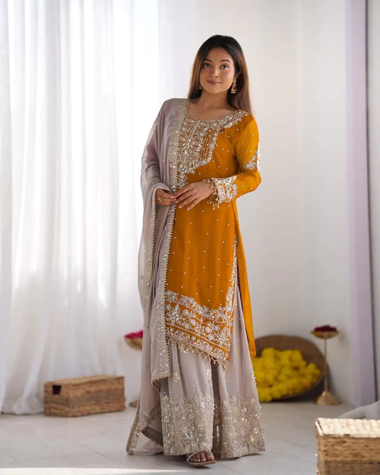 SR 1676 Mustard Heavy Faux Georgette With Heavy Embroidery Perfect for Wedding, Party, Ethnic Day, Reception, Diwali 4-6 Working Days At 2049/- Only | Casual Suits, Jump Suits, Creative suits, Designer Suits, Palazzo Suits, Party Wear Suits, Patiala Suits, Salwar suit, Straight Suits