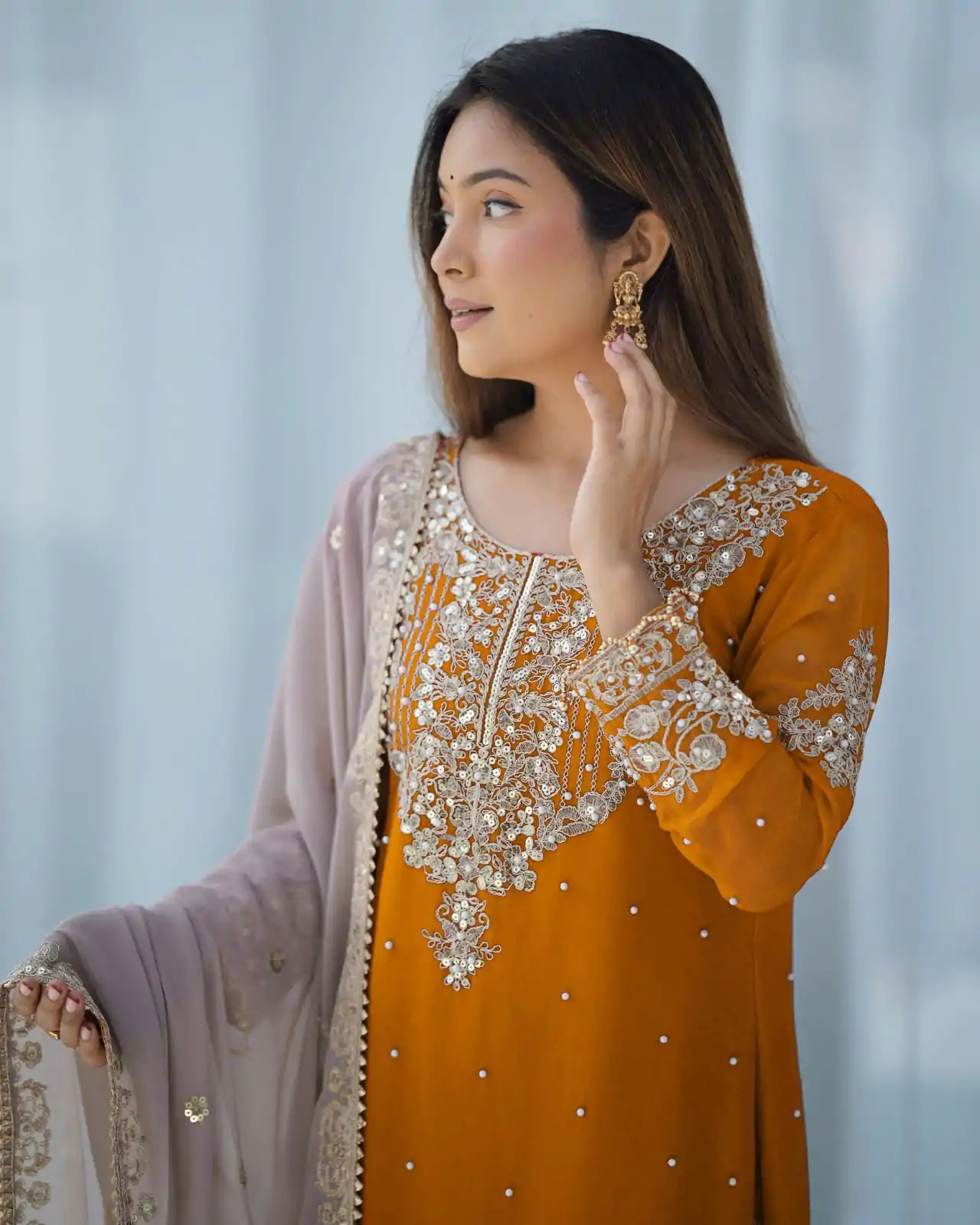 SR 1676 Mustard Heavy Faux Georgette With Heavy Embroidery Perfect for Wedding, Party, Ethnic Day, Reception, Diwali 4-6 Working Days At 2049/- Only | Casual Suits, Jump Suits, Creative suits, Designer Suits, Palazzo Suits, Party Wear Suits, Patiala Suits, Salwar suit, Straight Suits
