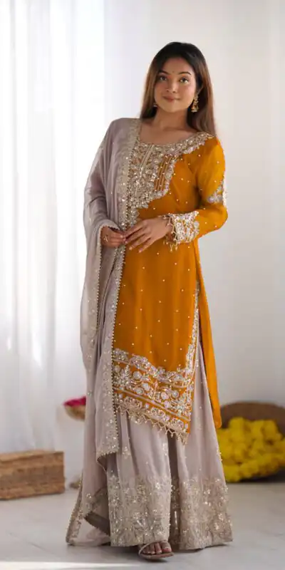 SR 1676 Mustard Heavy Faux Georgette With Heavy Embroidery Perfect for Wedding, Party, Ethnic Day, Reception, Diwali 4-6 Working Days At 2049/- Only | Casual Suits, Jump Suits, Creative suits, Designer Suits, Palazzo Suits, Party Wear Suits, Patiala Suits, Salwar suit, Straight Suits