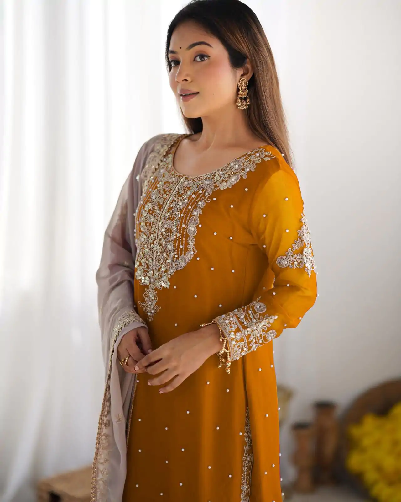 SR 1676 Mustard Heavy Faux Georgette With Heavy Embroidery Perfect for Wedding, Party, Ethnic Day, Reception, Diwali 4-6 Working Days At 2049/- Only | Casual Suits, Jump Suits, Creative suits, Designer Suits, Palazzo Suits, Party Wear Suits, Patiala Suits, Salwar suit, Straight Suits