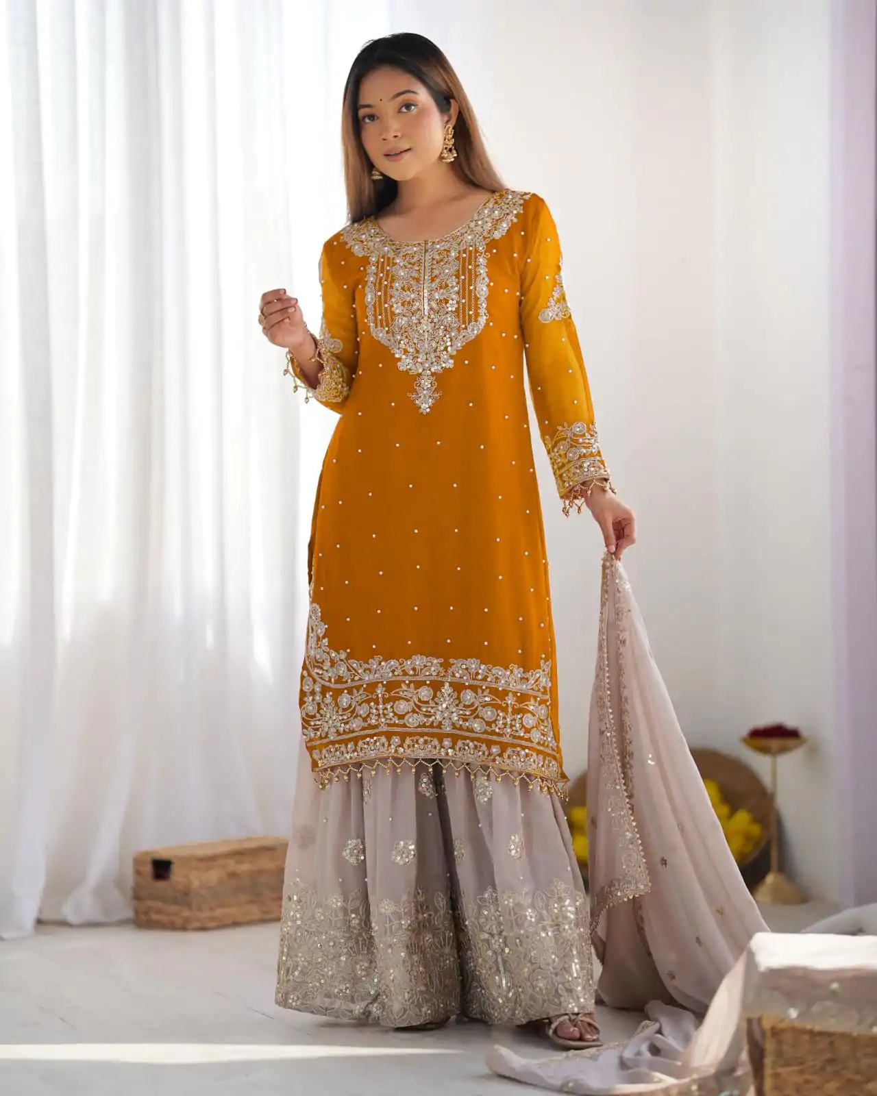 SR 1676 Mustard Heavy Faux Georgette With Heavy Embroidery Perfect for Wedding, Party, Ethnic Day, Reception, Diwali 4-6 Working Days At 2049/- Only | Casual Suits, Jump Suits, Creative suits, Designer Suits, Palazzo Suits, Party Wear Suits, Patiala Suits, Salwar suit, Straight Suits