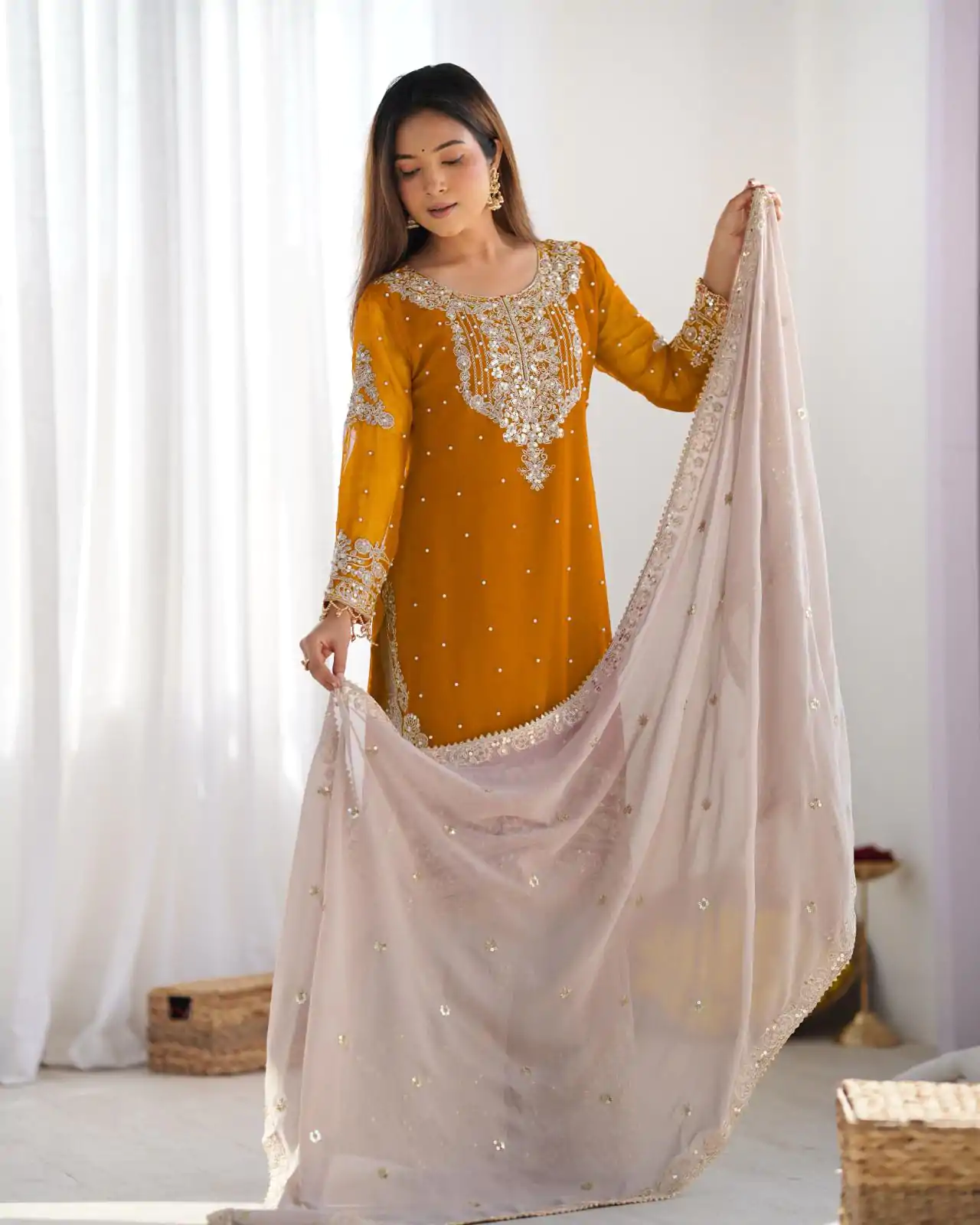 SR 1676 Mustard Heavy Faux Georgette With Heavy Embroidery Perfect for Wedding, Party, Ethnic Day, Reception, Diwali 4-6 Working Days At 2049/- Only | Casual Suits, Jump Suits, Creative suits, Designer Suits, Palazzo Suits, Party Wear Suits, Patiala Suits, Salwar suit, Straight Suits