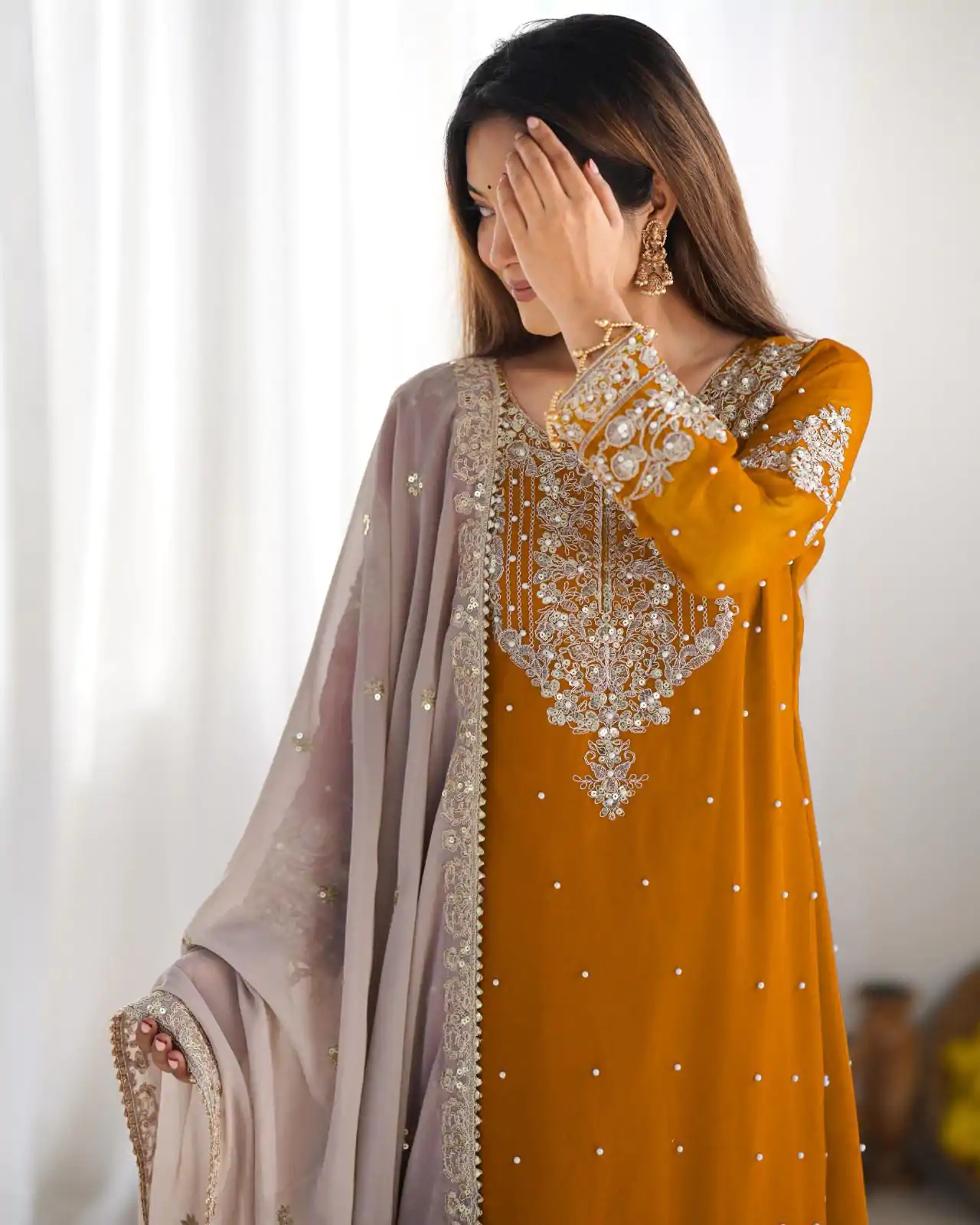 SR 1676 Mustard Heavy Faux Georgette With Heavy Embroidery Perfect for Wedding, Party, Ethnic Day, Reception, Diwali 4-6 Working Days At 2049/- Only | Casual Suits, Jump Suits, Creative suits, Designer Suits, Palazzo Suits, Party Wear Suits, Patiala Suits, Salwar suit, Straight Suits