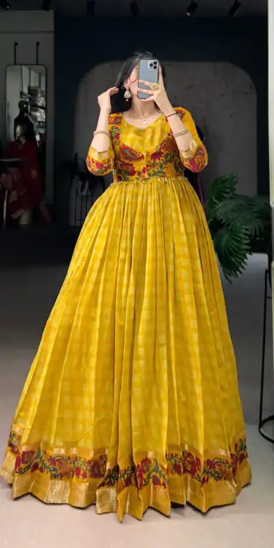 YNF 5034 Mustard Polyester Viscose Chanderi Zari Work & Lace Work Gown in . Affordable Price ₹1799. Delivery 4-6 Working Days. Shop now. | Bollywood Gowns, Creative Gowns, Designer Gowns, Embroidered Gowns, Gowns, Party Wear Gowns