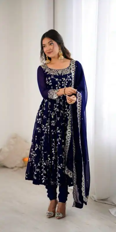 SRK 5299 Navy Blue Faux Georgette With Sequence Work Perfect for Wedding, , Lohri, Temple Visit, Ganesh Chaturthi Festive, Events, 4-6 Working Days At 2149 | Bollywood Gowns, Creative Gowns, Designer Gowns, Embroidered Gowns, Gowns, Party Wear Gowns