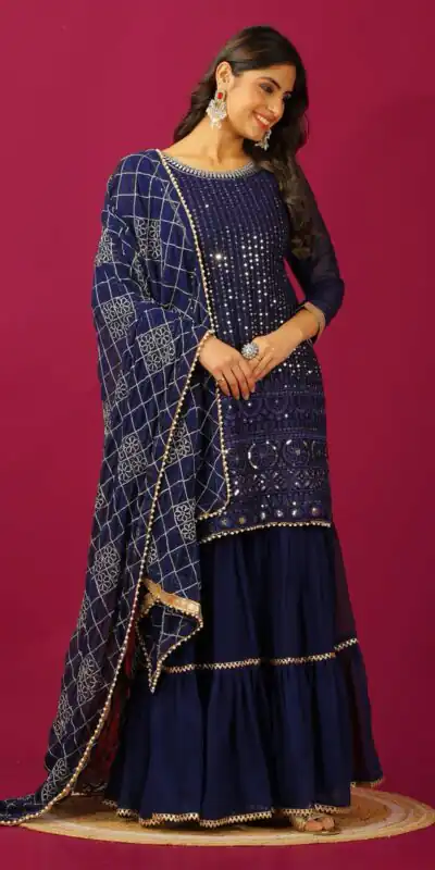 SR 1671 Navy Blue Georgette Salwar Suit Perfect for Wedding, Party, Cultural Events, Temple Visit, Lohri Now at just ₹1799. Delivery 4-6 Working Days. | Casual Suits, Jump Suits, Tops & Bottoms, Track Suits, Trendy Wear, Creative suits, Designer Suits, Palazzo Suits, Party Wear Suits, Patiala Suits, Salwar suit, Straight Suits