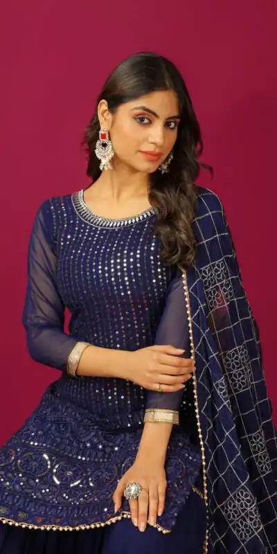 SR 1671 Navy Blue Georgette Salwar Suit Perfect for Wedding, Party, Cultural Events, Temple Visit, Lohri Now at just ₹1799. Delivery 4-6 Working Days. | Casual Suits, Jump Suits, Tops & Bottoms, Track Suits, Trendy Wear, Creative suits, Designer Suits, Palazzo Suits, Party Wear Suits, Patiala Suits, Salwar suit, Straight Suits
