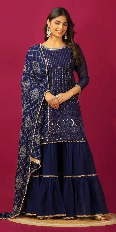 SR 1671 Navy Blue Georgette Salwar Suit Perfect for Wedding, Party, Cultural Events, Temple Visit, Lohri Now at just ₹1799. Delivery 4-6 Working Days. | Casual Suits, Jump Suits, Tops & Bottoms, Track Suits, Trendy Wear, Creative suits, Designer Suits, Palazzo Suits, Party Wear Suits, Patiala Suits, Salwar suit, Straight Suits