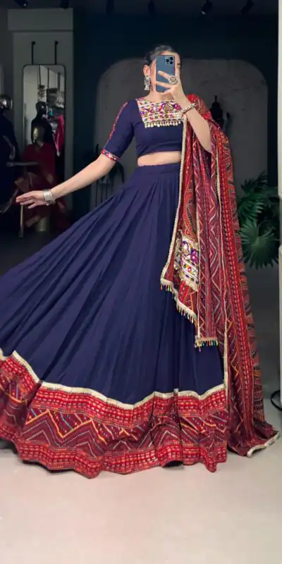 LNB 1661 Navy Blue Pure Rayon Mirror Work & Gamthi Work Lehenga Choli in . Affordable Price ₹4199. Delivery 4-6 Working Days. Shop now. | Creative Lehenga, Bollywood Lehenga, Designer Lehenga, Embroidered Lehenga, Lehenga, Party Wear Lehenga