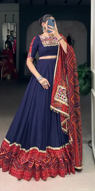 LNB 1661 Navy Blue Pure Rayon Mirror Work & Gamthi Work Lehenga Choli in . Affordable Price ₹4199. Delivery 4-6 Working Days. Shop now. | Creative Lehenga, Bollywood Lehenga, Designer Lehenga, Embroidered Lehenga, Lehenga, Party Wear Lehenga