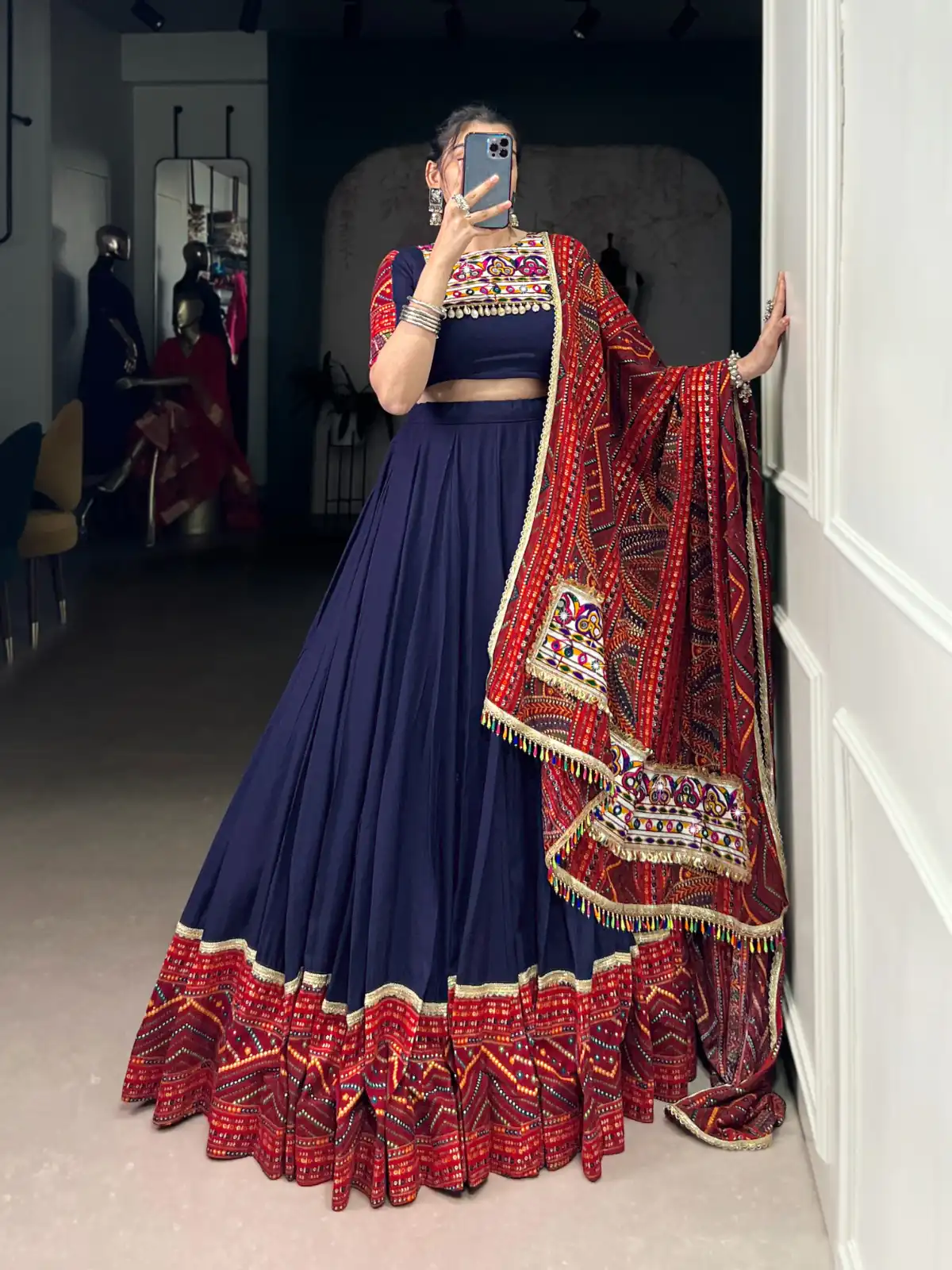 LNB 1661 Navy Blue Pure Rayon Mirror Work & Gamthi Work Lehenga Choli in . Affordable Price ₹4199. Delivery 4-6 Working Days. Shop now. | Creative Lehenga, Bollywood Lehenga, Designer Lehenga, Embroidered Lehenga, Lehenga, Party Wear Lehenga