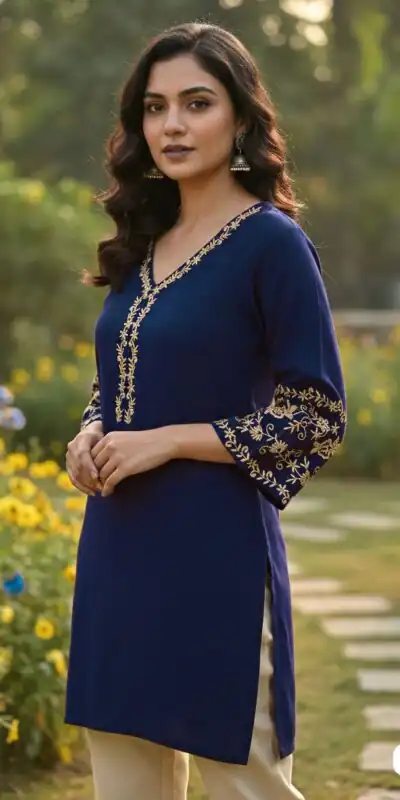 INLI Adaa 5.0 Navy Blue Rayon with Embroidery Work Kurti .Wedding, Party, Festive, Events, Best Price ₹1349. Delivery 4-6 Working Days. Shop now. | Bollywood Kurti, Creative Kurtis, Designer Kurti, Kurti, Party Wear Kurti, Selfie Kurti