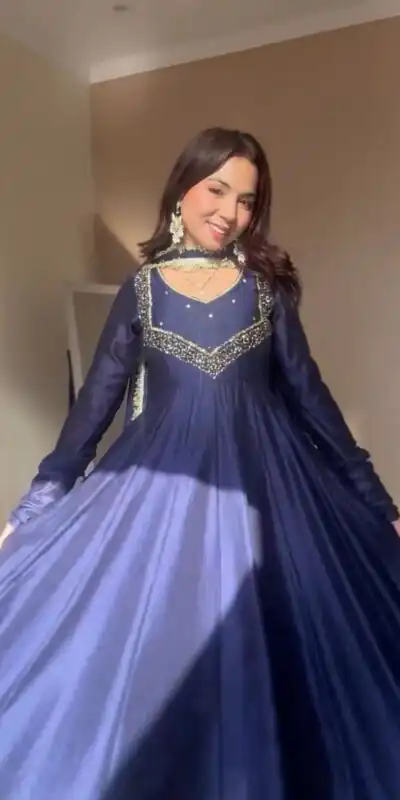 VLM 238 Navy Blue in Star Georgette. Lace Work Gown Wedding, Party, Festive, Events at ₹1999 only. Delivery 4-6 Working Days. Shop now. | Bollywood Gowns, Creative Gowns, Designer Gowns, Embroidered Gowns, Gowns, Party Wear Gowns
