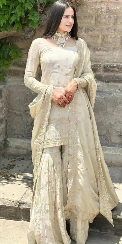 SRK 5172 Off White Chinnon Silk With Heavy Embroidery Sequence Work And Full Sleeve Salwar Suit Wedding, Party, Festive, Events, 4-6 Working Days At 2049 | Casual Suits, Jump Suits, Tops & Bottoms, Track Suits, Trendy Wear, Creative suits, Designer Suits, Palazzo Suits, Party Wear Suits, Patiala Suits, Salwar suit, Straight Suits