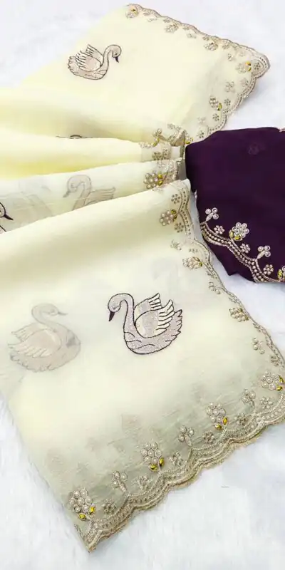 BT 1284 Off White Crunchy Chiffon Saree Perfect for Wedding, Party, Ethnic Day, Ganesh Chaturthi, Sangeet . Best Price ₹1799. Delivery 4-6 Working Days | Embroidered Sarees, Bollywood Sarees, Creative Sarees, Designer Sarees, Ethnic Saree, Modern Digital sarees, Party Wear Sarees, Sarees