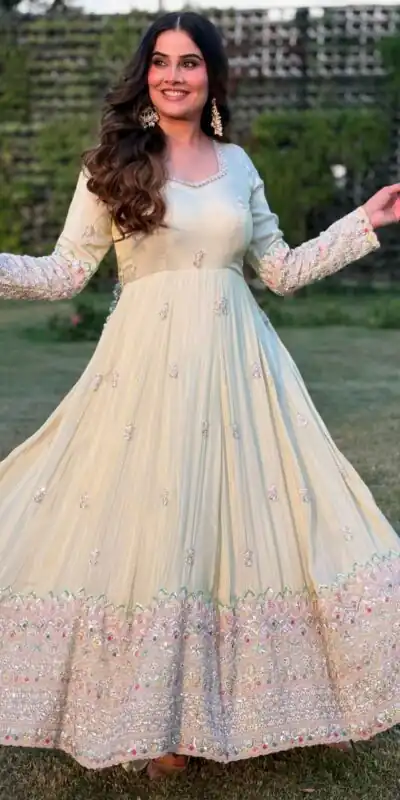 SSR 528 Off White Heavy Georgette With Heavy Embroidery Sequence Work Gown with Embroidery Work. Best Price ₹2399. Delivery 4-6 Working Days. | Bollywood Gowns, Creative Gowns, Designer Gowns, Embroidered Gowns, Gowns, Party Wear Gowns