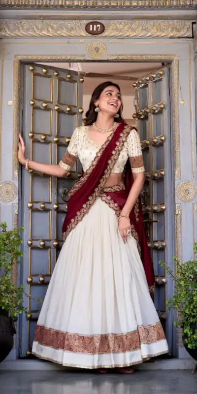 LNB 2049 Off White in Vichitra Silk Embroidery Work & Zari Work Lehenga Choli . Now at just ₹2999. Delivery 4-6 Working Days. Shop now. | Bollywood Lehenga, Creative Lehenga, Designer Lehenga, Embroidered Lehenga, Lehenga, Party Wear Lehenga