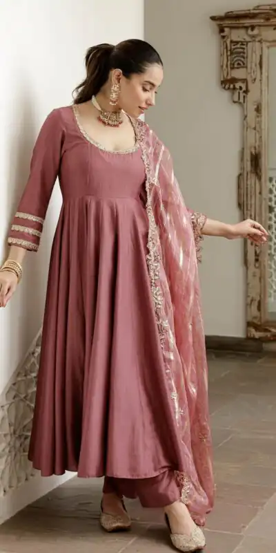 NSR 871 Onion Roman Simmer Silk With Fecny Sleeve with Lace Work & Embroidery Work Gown. Festive Deal ₹2999. Delivery 4-6 Working Days. Shop now. | Bollywood Gowns, Creative Gowns, Designer Gowns, Embroidered Gowns, Gowns, Party Wear Gowns