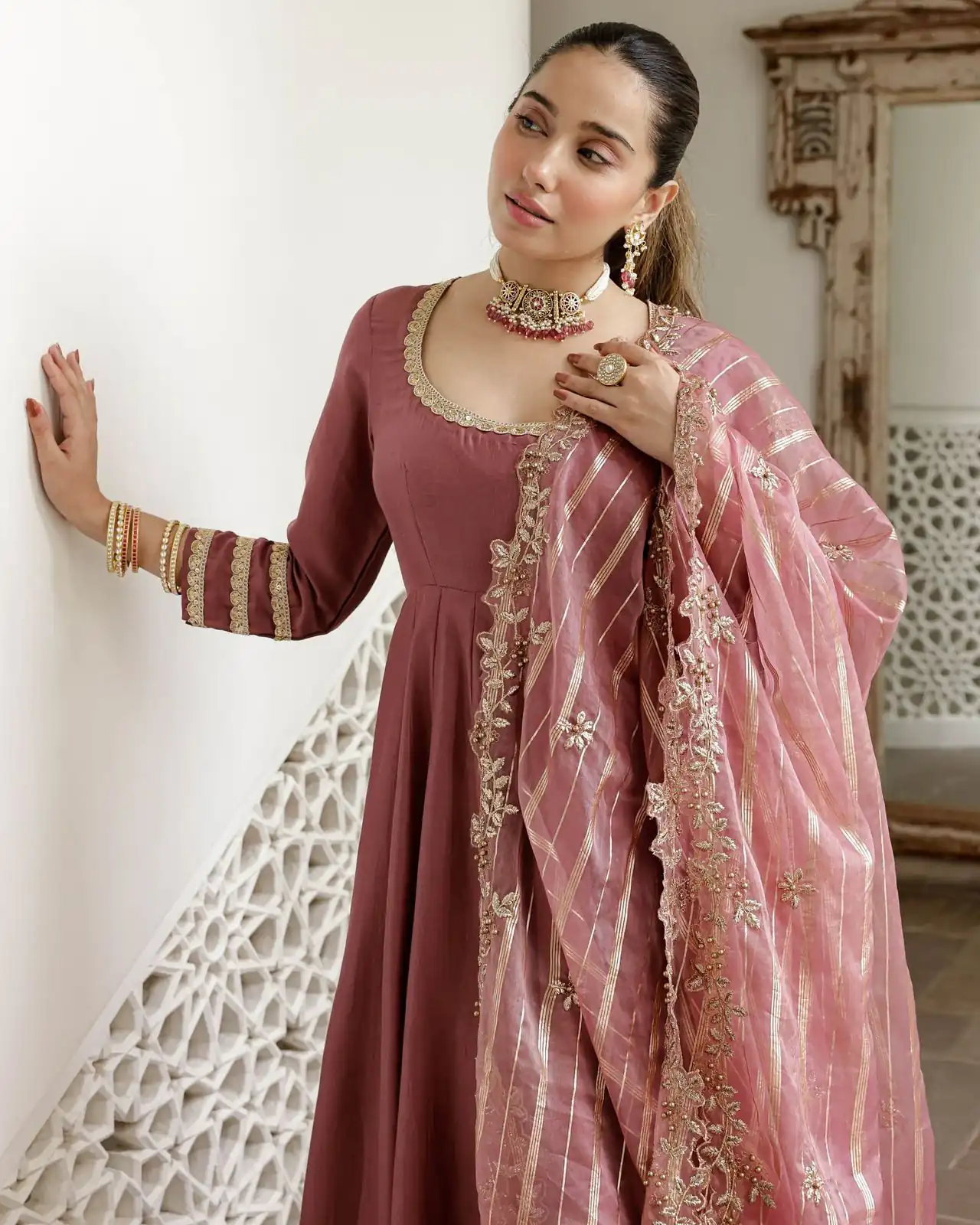 NSR 871 Onion Roman Simmer Silk With Fecny Sleeve with Lace Work & Embroidery Work Gown. Festive Deal ₹2999. Delivery 4-6 Working Days. Shop now. | Bollywood Gowns, Creative Gowns, Designer Gowns, Embroidered Gowns, Gowns, Party Wear Gowns