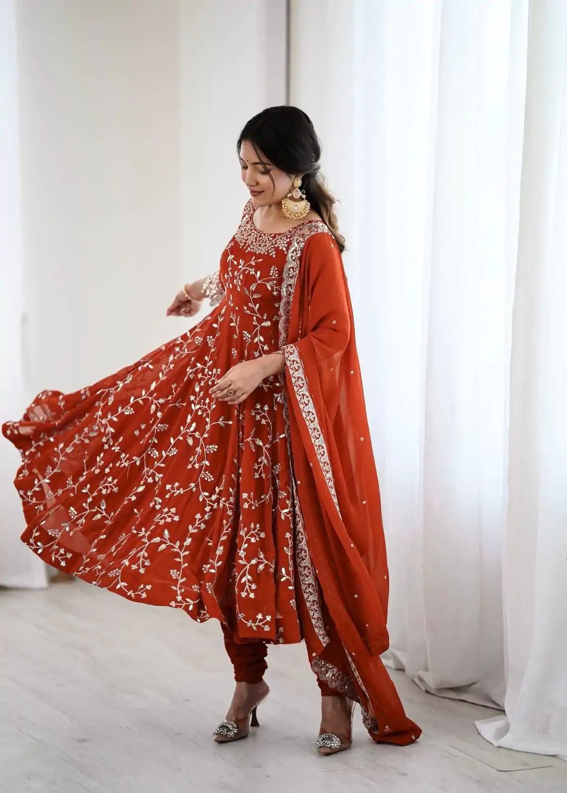 SRK 5299 Orange Georgette With Sequence Work Perfect for Wedding, Party, Lohri, Temple Visit, Ganesh Chaturthi Festive, Events, 4-6 Working Days At 2149 | Bollywood Gowns, Creative Gowns, Designer Gowns, Embroidered Gowns, Gowns, Party Wear Gowns