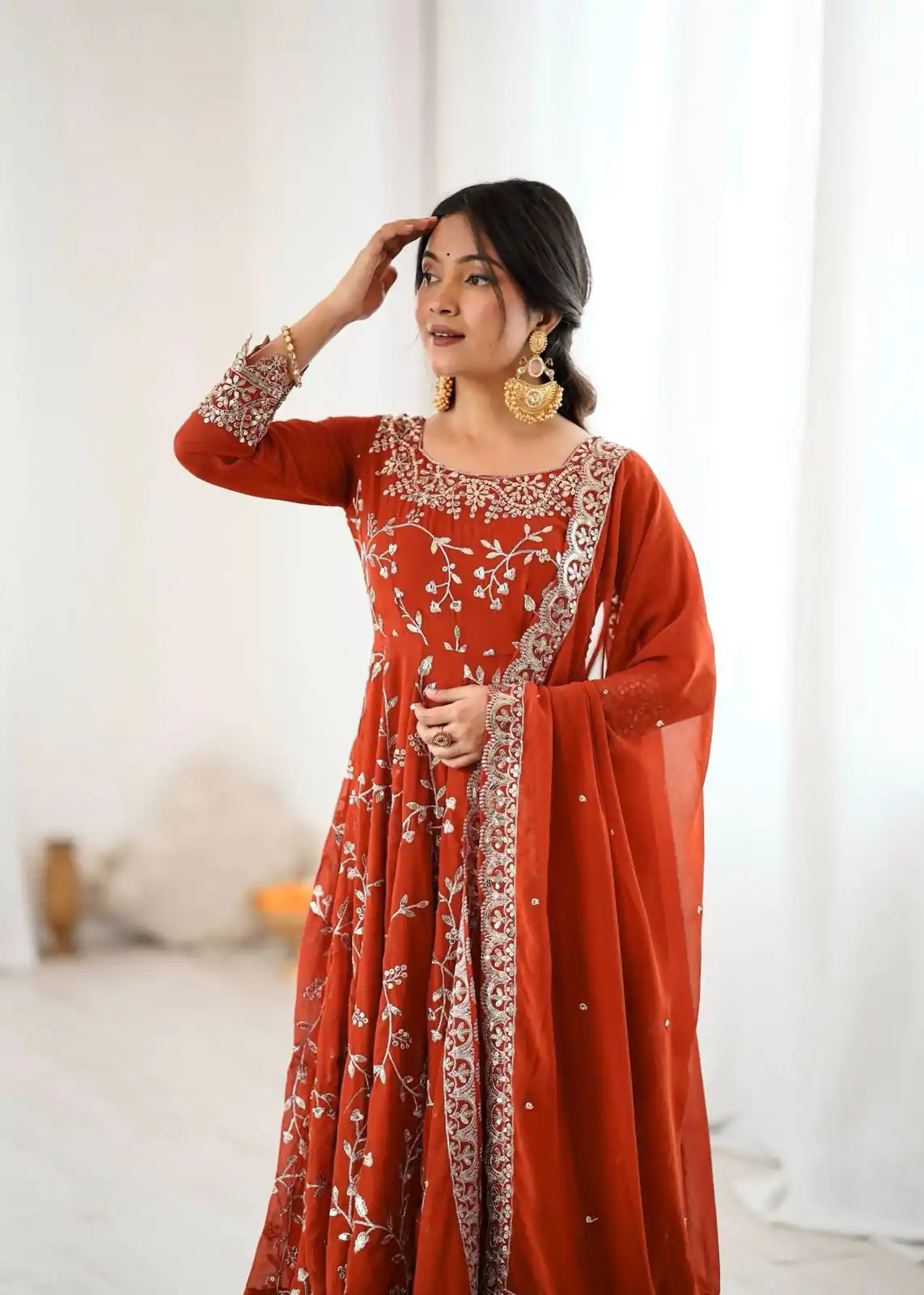 SRK 5299 Orange Georgette With Sequence Work Perfect for Wedding, Party, Lohri, Temple Visit, Ganesh Chaturthi Festive, Events, 4-6 Working Days At 2149 | Bollywood Gowns, Creative Gowns, Designer Gowns, Embroidered Gowns, Gowns, Party Wear Gowns