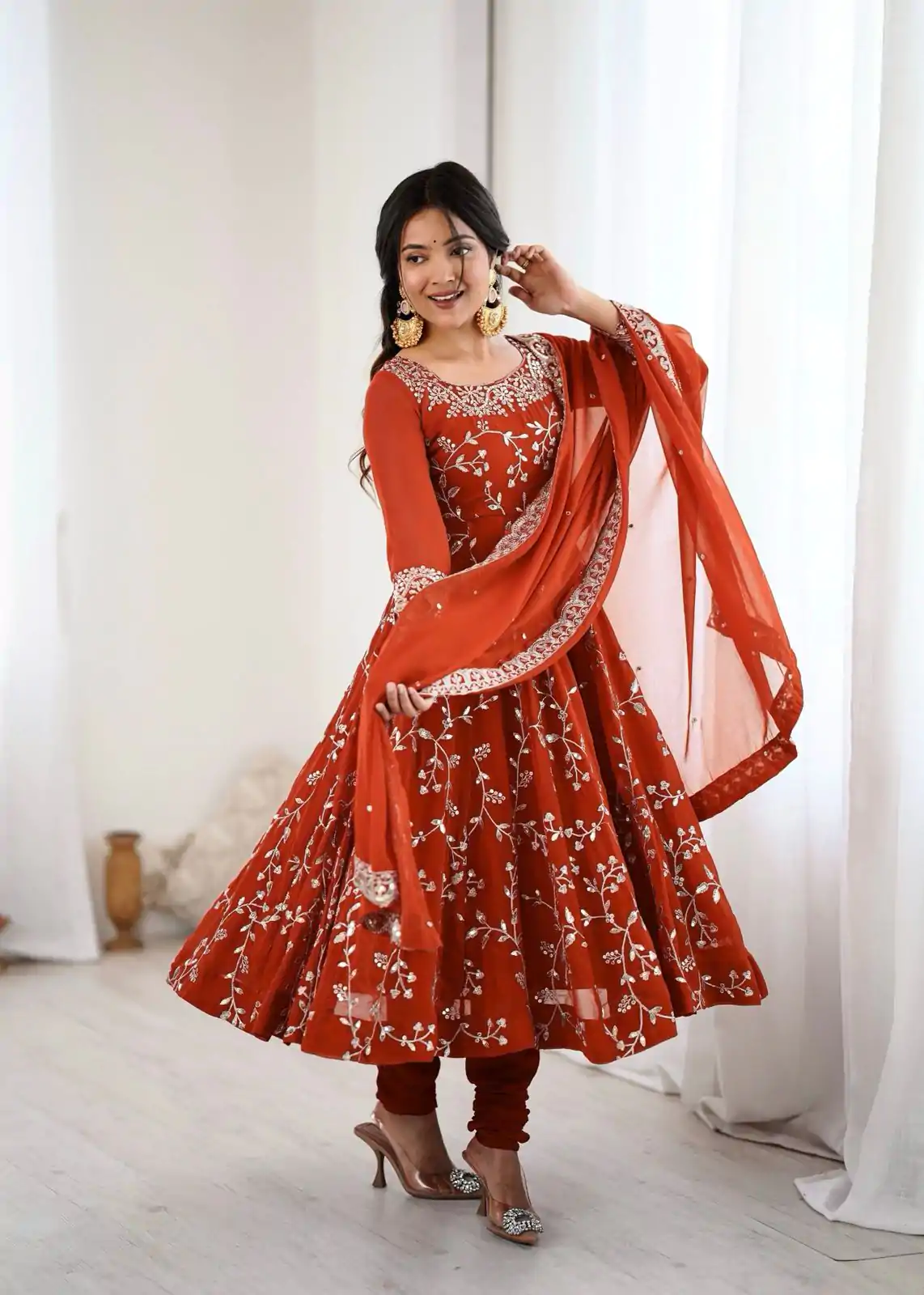 SRK 5299 Orange Georgette With Sequence Work Perfect for Wedding, Party, Lohri, Temple Visit, Ganesh Chaturthi Festive, Events, 4-6 Working Days At 2149 | Bollywood Gowns, Creative Gowns, Designer Gowns, Embroidered Gowns, Gowns, Party Wear Gowns