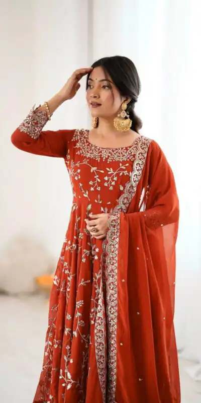 SRK 5299 Orange Georgette With Sequence Work Perfect for Wedding, Party, Lohri, Temple Visit, Ganesh Chaturthi Festive, Events, 4-6 Working Days At 2149 | Bollywood Gowns, Creative Gowns, Designer Gowns, Embroidered Gowns, Gowns, Party Wear Gowns