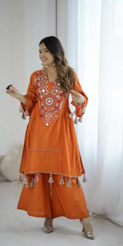 SRK 5286 Orange in Khadi Cotton Mirror Work & Embroidery Work Salwar Suit . Now at just ₹2099. Delivery 4-6 Working Days. Shop now. | Casual Suits, Jump Suits, Creative suits, Designer Suits, Palazzo Suits, Party Wear Suits, Patiala Suits, Salwar suit, Straight Suits