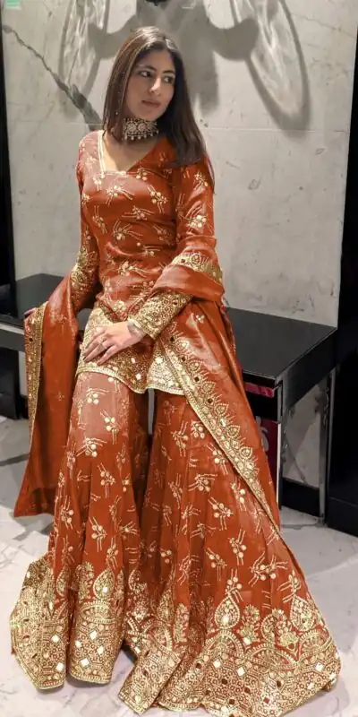 SR 1664 Orange Color Simmer with Embroidery Work Silk Salwar Suit . Wedding, Party, Festive, Events, Best Price ₹2599. Delivery 4-6 Working Days. Shop now. | Casual Suits, Jump Suits, Creative suits, Designer Suits, Palazzo Suits, Party Wear Suits, Patiala Suits, Salwar suit, Straight Suits
