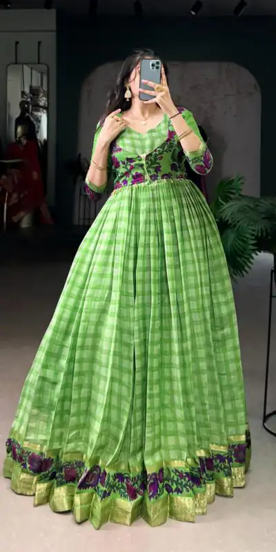 YNF 5034 Parrot Green Polyester Viscose Chanderi Zari Work & Lace Work Gown in . Affordable Price ₹1799. Delivery 4-6 Working Days. Shop now. | Bollywood Gowns, Creative Gowns, Designer Gowns, Embroidered Gowns, Gowns, Party Wear Gowns