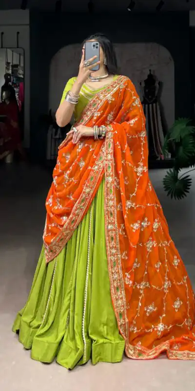 LNB 1692 Parrot Green Pure Rayon Embroidery Work & Sequins Work Lehenga Choli in . Now at just ₹3199. Delivery 4-6 Working Days. Shop now. | Creative Lehenga, Bollywood Lehenga, Designer Lehenga, Embroidered Lehenga, Lehenga, Party Wear Lehenga