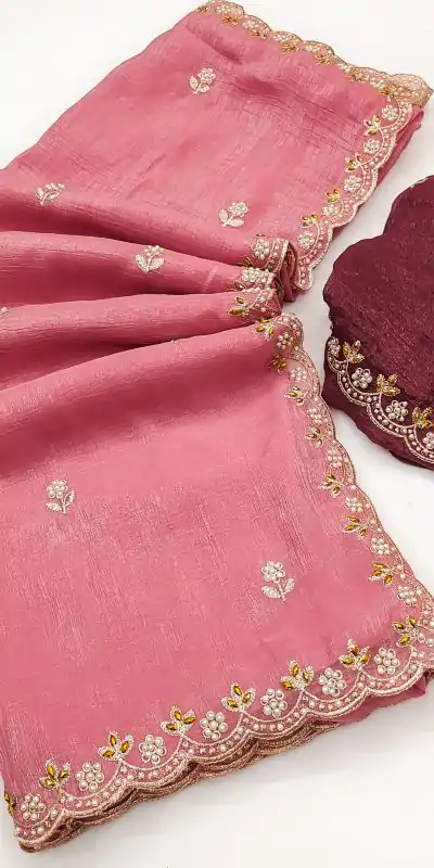 Peach Crunchy Chiffon Embroidery Work Saree