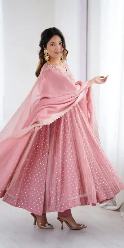 SRK 5293 Peach With Crunchy Silk With Fully Flair with Lace Work & Embroidery Work Anarkali Gown . Introductory Price ₹2149. Delivery 4-6 Worki | Bollywood Gowns, Creative Gowns, Designer Gowns, Embroidered Gowns, Gowns, Party Wear Gowns