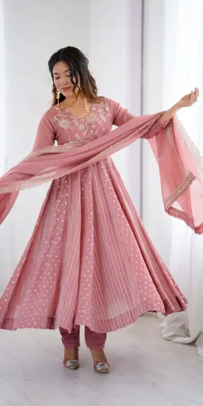 SRK 5293 Peach With Crunchy Silk With Fully Flair with Lace Work & Embroidery Work Anarkali Gown . Introductory Price ₹2149. Delivery 4-6 Worki | Bollywood Gowns, Creative Gowns, Designer Gowns, Embroidered Gowns, Gowns, Party Wear Gowns