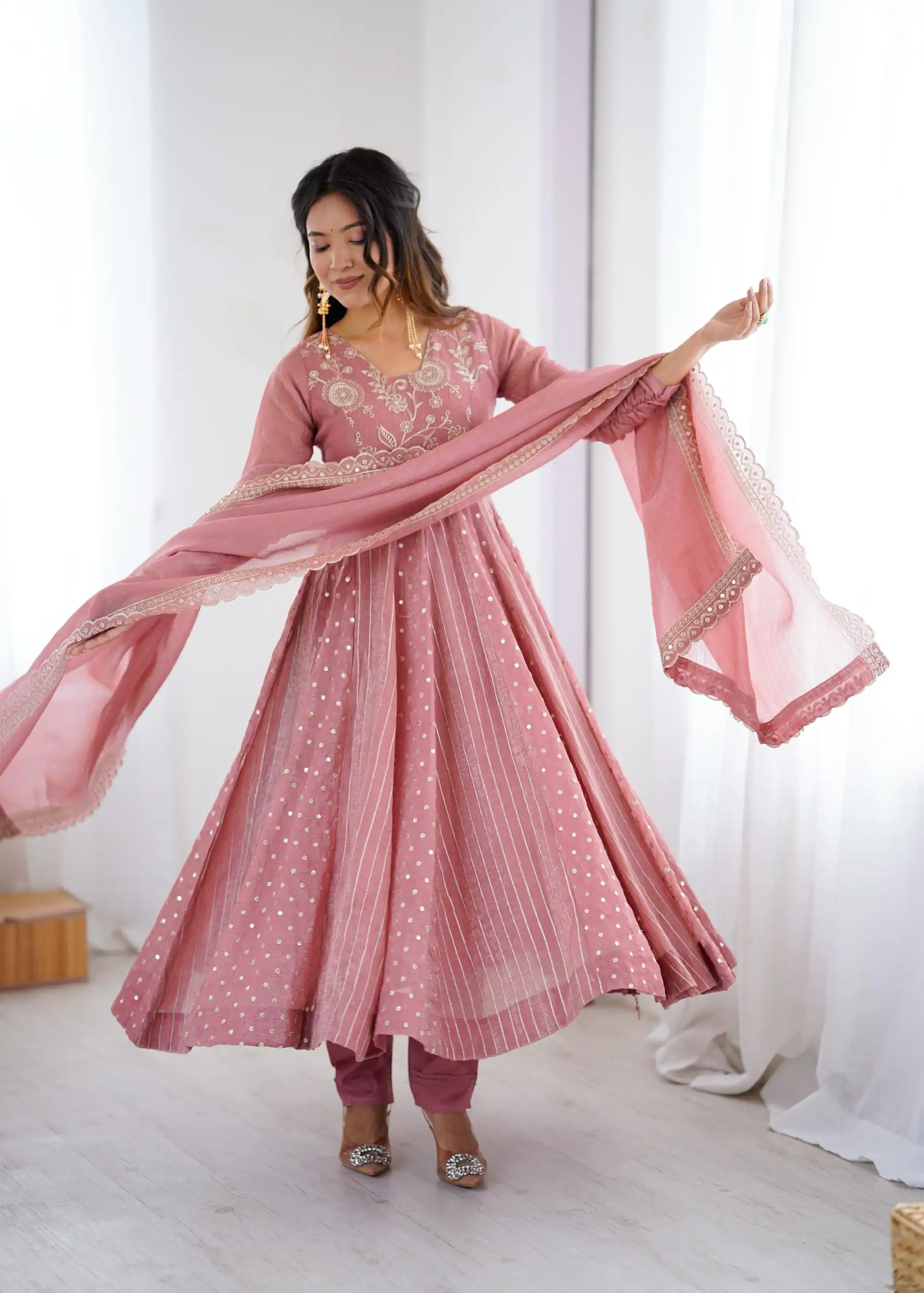 SRK 5293 Peach With Crunchy Silk With Fully Flair with Lace Work & Embroidery Work Anarkali Gown . Introductory Price ₹2149. Delivery 4-6 Worki | Bollywood Gowns, Creative Gowns, Designer Gowns, Embroidered Gowns, Gowns, Party Wear Gowns