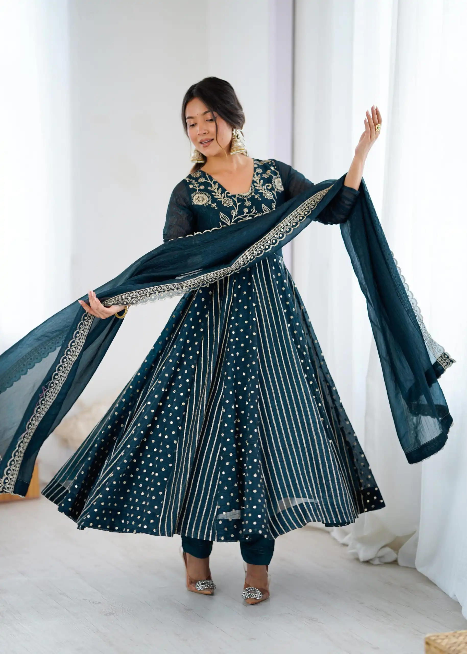 SRK 5293 Peacock Blue With Crunchy Silk With Fully Flair with Lace Work & Embroidery Work Anarkali Gown . Introductory Price ₹2149. Delivery 4-6 Worki | Bollywood Gowns, Creative Gowns, Designer Gowns, Embroidered Gowns, Gowns, Party Wear Gowns