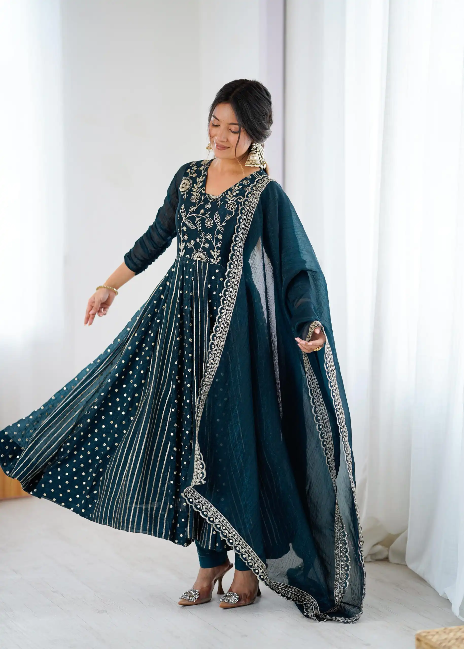SRK 5293 Peacock Blue With Crunchy Silk With Fully Flair with Lace Work & Embroidery Work Anarkali Gown . Introductory Price ₹2149. Delivery 4-6 Worki | Bollywood Gowns, Creative Gowns, Designer Gowns, Embroidered Gowns, Gowns, Party Wear Gowns