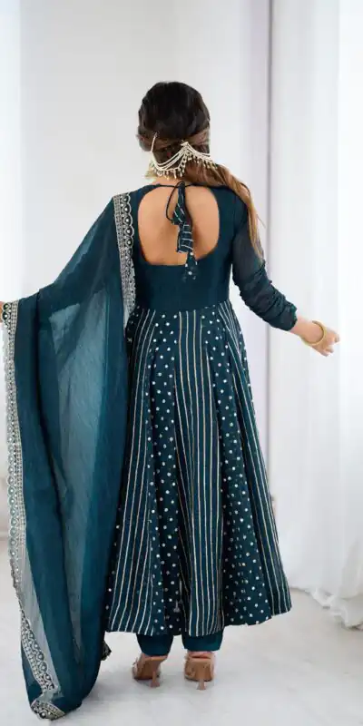 SRK 5293 Peacock Blue With Crunchy Silk With Fully Flair with Lace Work & Embroidery Work Anarkali Gown . Introductory Price ₹2149. Delivery 4-6 Worki | Bollywood Gowns, Creative Gowns, Designer Gowns, Embroidered Gowns, Gowns, Party Wear Gowns