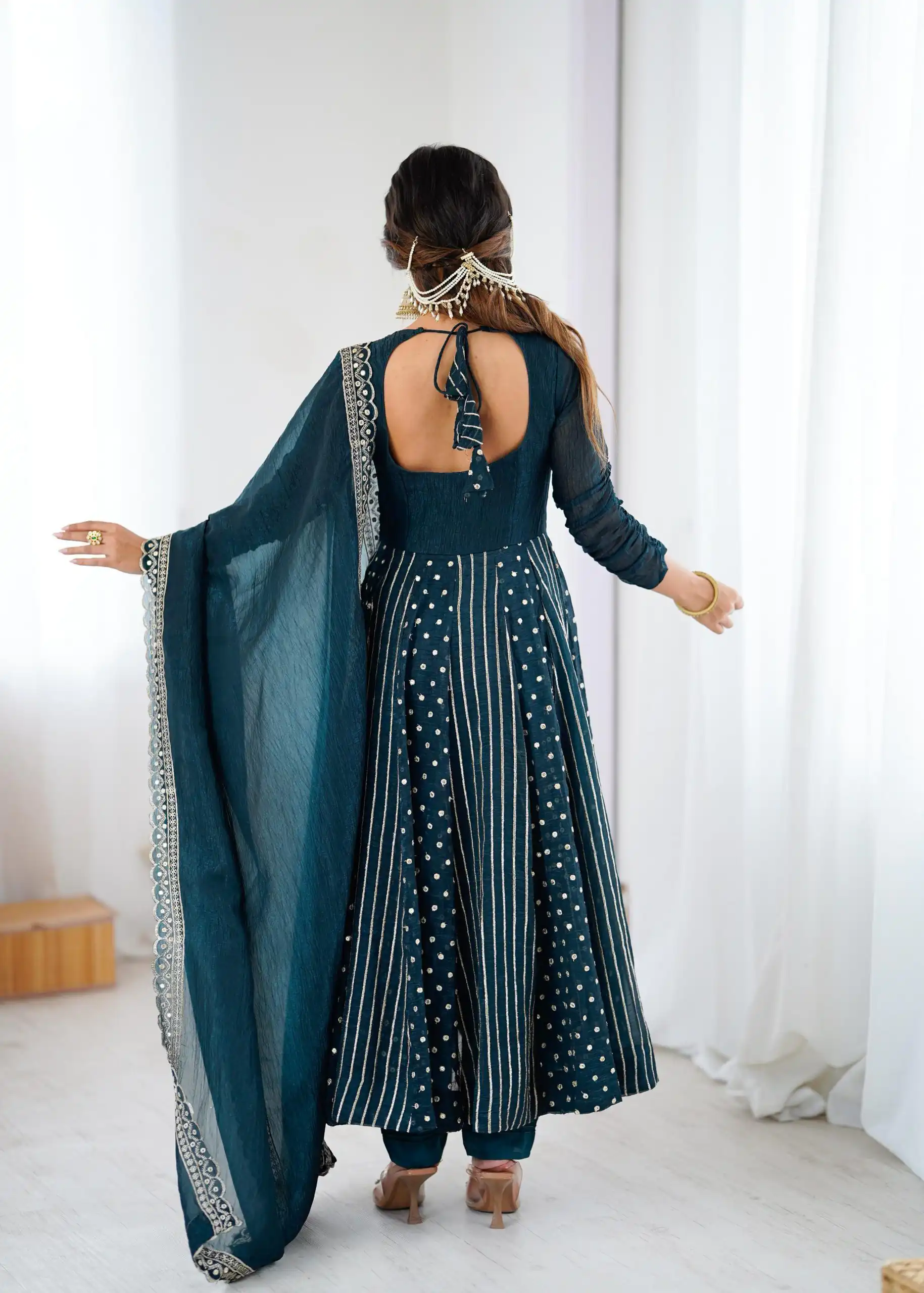SRK 5293 Peacock Blue With Crunchy Silk With Fully Flair with Lace Work & Embroidery Work Anarkali Gown . Introductory Price ₹2149. Delivery 4-6 Worki | Bollywood Gowns, Creative Gowns, Designer Gowns, Embroidered Gowns, Gowns, Party Wear Gowns