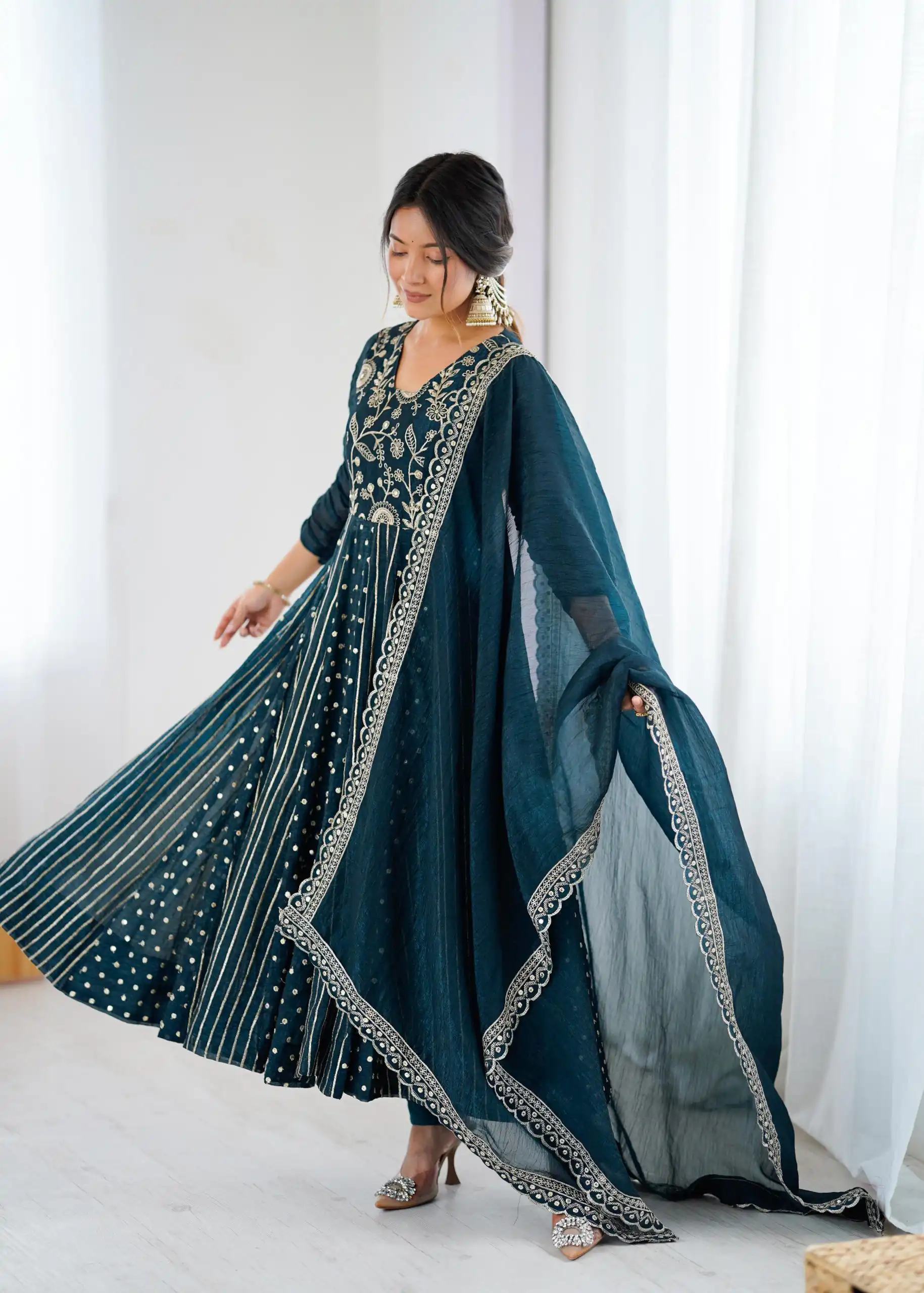 SRK 5293 Peacock Blue With Crunchy Silk With Fully Flair with Lace Work & Embroidery Work Anarkali Gown . Introductory Price ₹2149. Delivery 4-6 Worki | Bollywood Gowns, Creative Gowns, Designer Gowns, Embroidered Gowns, Gowns, Party Wear Gowns