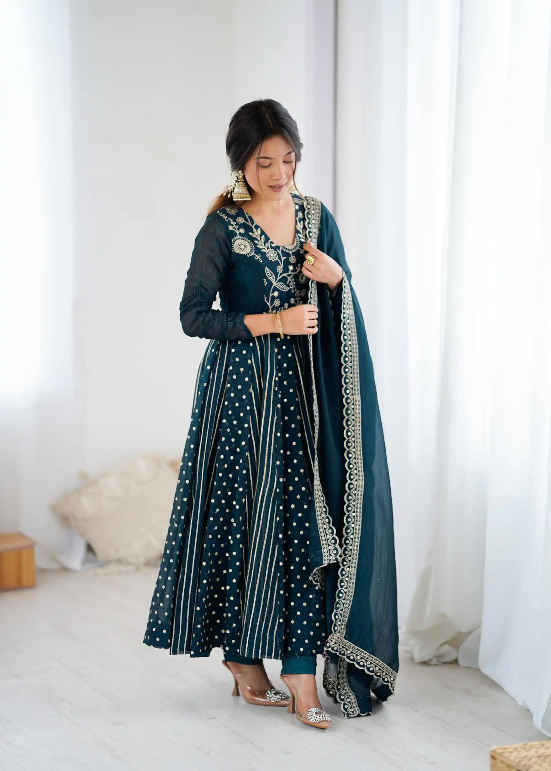 SRK 5293 Peacock Blue With Crunchy Silk With Fully Flair with Lace Work & Embroidery Work Anarkali Gown . Introductory Price ₹2149. Delivery 4-6 Worki | Bollywood Gowns, Creative Gowns, Designer Gowns, Embroidered Gowns, Gowns, Party Wear Gowns