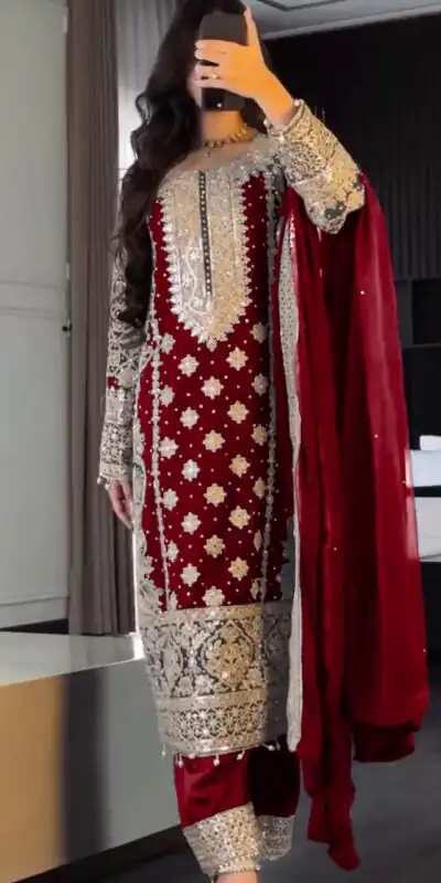 SR 1654 Maroon in Faux Georgette With Heavy Embroidery Sequence Work Wedding, Party, Festive, Events Special 4-6 Working Days At 2599/- Only | Casual Suits, Jump Suits, Creative suits, Designer Suits, Palazzo Suits, Party Wear Suits, Patiala Suits, Salwar suit, Straight Suits